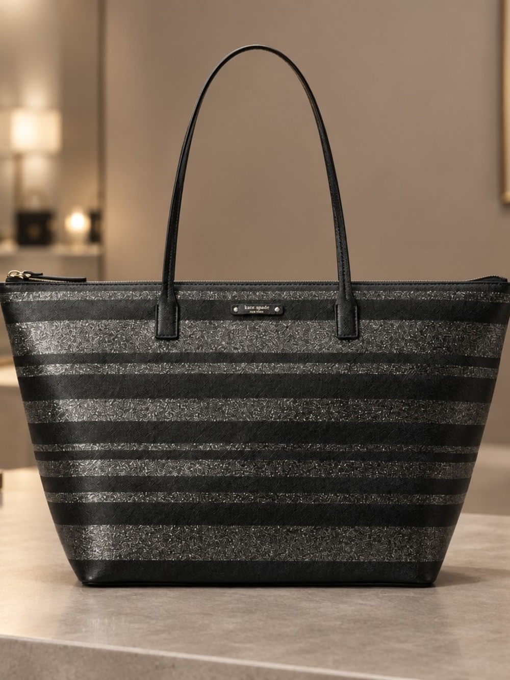 KATE SPADE Haven Lane Hani Striped Tote Bag in Black Glitter Strip